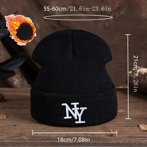 New York NY Logo Embroidered Beanie Hat Black or White Winter Knit Cap Unisex OS - Picture 3 of 4